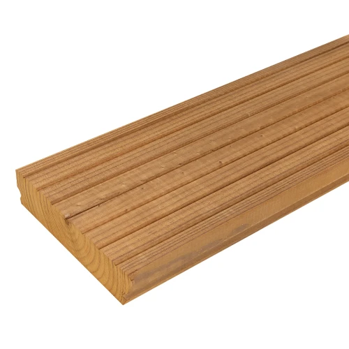 Deska tarasowa z termo sosny 26x117 w klasie AB. Deska gotowa do ukrytego montażu.